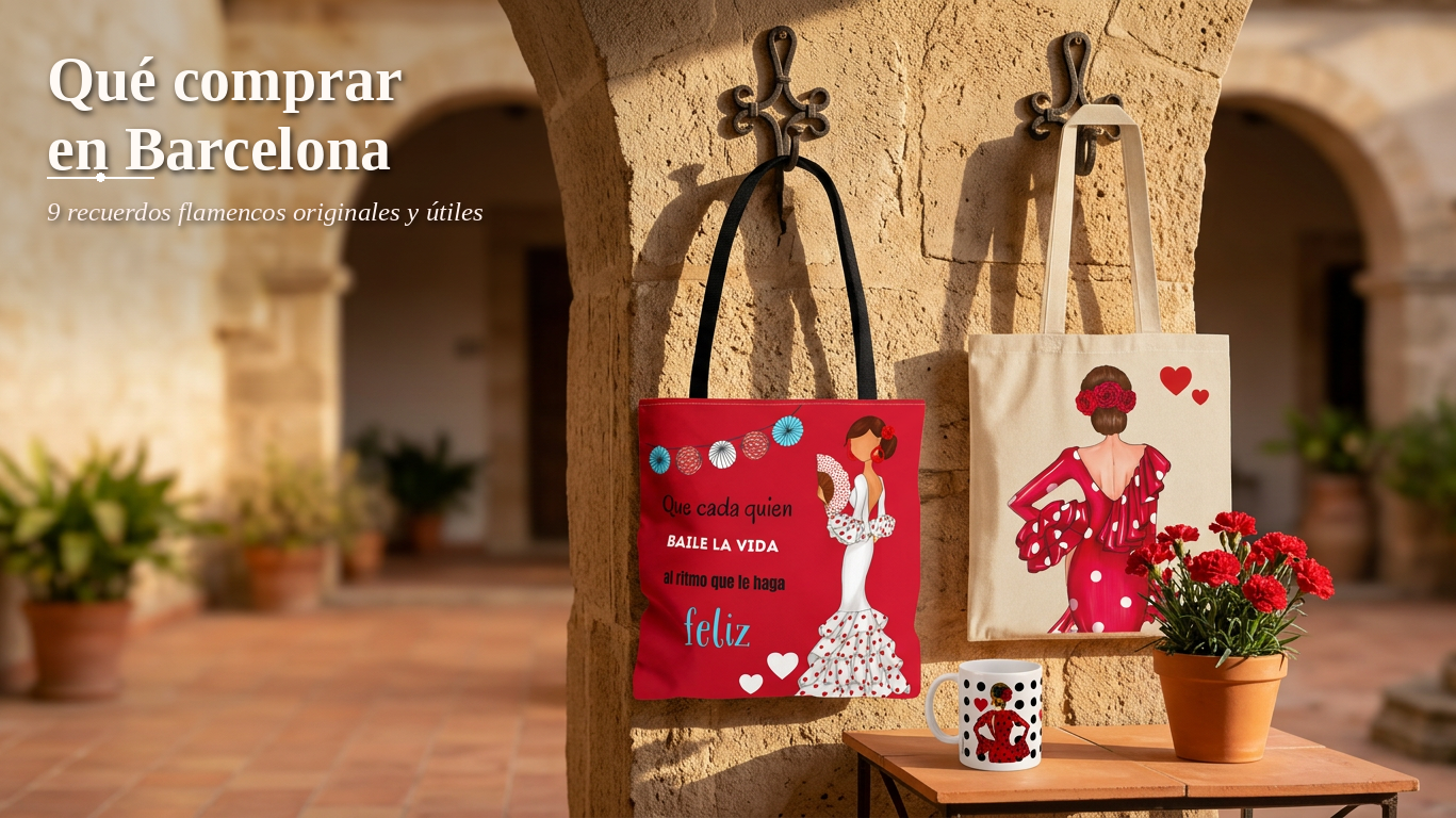 Qué comprar en Barcelona: bolso rojo y bolso crudo illustrArte colgados de ganchos en un patio de Barcelona, junto a una taza y flores de clavel rojas