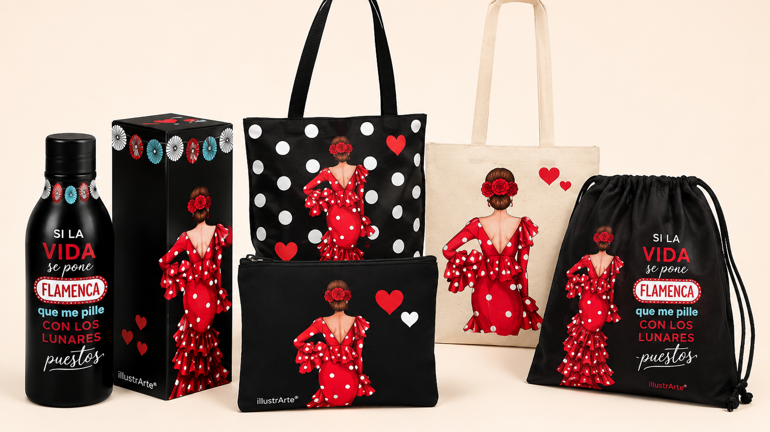 Selección de recuerdos flamencos illustrArte: botella térmica, bolsos, neceser y bolsa de cuerdas con diseño de flamenca