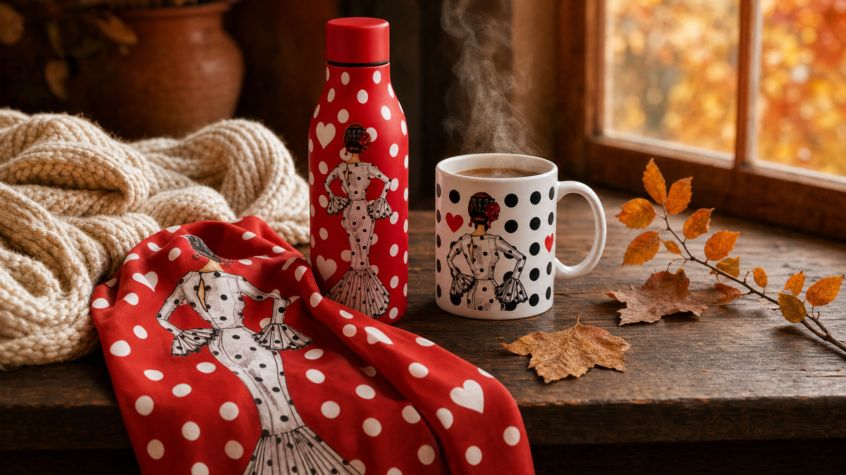 Botella térmica, pañuelo de seda y taza de cerámica flamencas de illustrArte sobre una mesa de madera con luz de otoño, hojas secas y una manta de punto