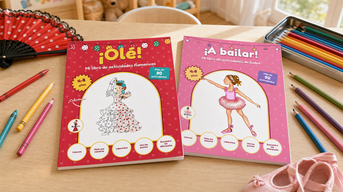 Libros de actividades ¡Olé! y ¡A bailar! de illustrArte sobre una mesa infantil con lápices de colores