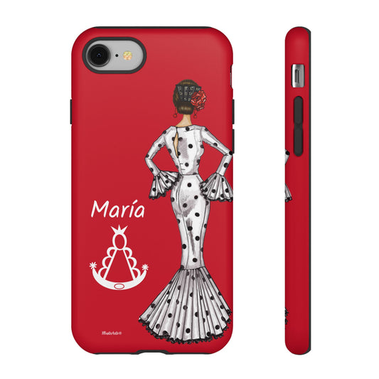 Vista detallada de la funda de teléfono personalizable con modelo María blanco, mostrando la Virgen del Rocío.
