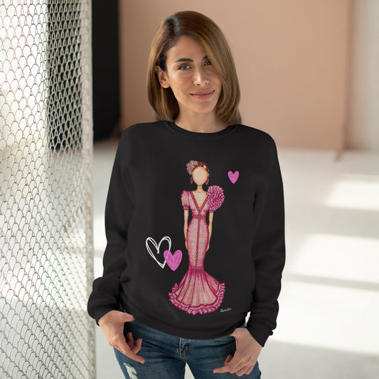Flamenco lovers white Crewneck Sweatshirt, beautiful flamenco dancer in a pink dress with hearts. - IllustrArte