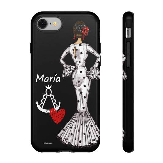 Funda de teléfono personalizable con nombre y bandera, Modelo María blanco con Virgen del Rocío, ideal para iPhone, Samsung y Google Pixel.