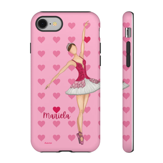 Funda de teléfono personalizable con nombre, exhibiendo la bailarina Mariela en fondo colorido - Modelo Mariela Para iPhone, Samsung Y Google Pixel.