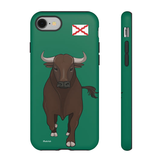 Vista frontal de la funda de teléfono personalizable con nombre, bandera y Virgen - Modelo toro Manuel, ideal para iPhone, Samsung y Google Pixel.
