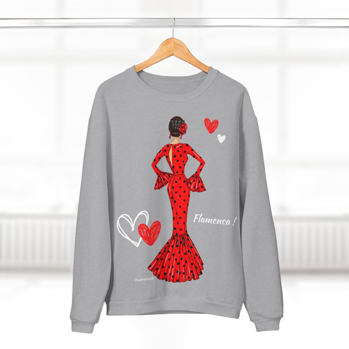 Sudadera Personalizable - Flamenca Maria rojo con pelo oscuro, fondo con corazones – Arte, color y comodidad en una sola prenda