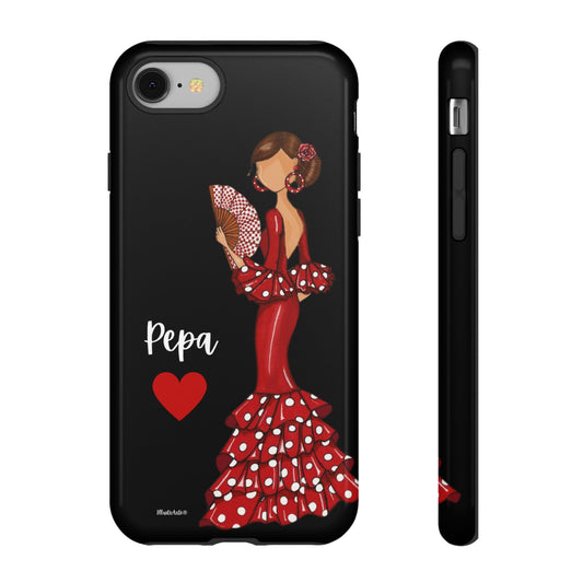 Funda de teléfono personalizable con nombre, bandera y Virgen - Modelo Pepa, mostrando el diseño con una flamenca elegante.