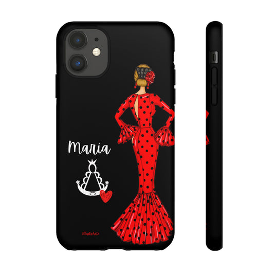 Primer plano de la funda de teléfono personalizable con nombre/bandera/Virgen - Modelo Maria rojo, mostrando el hermoso diseño de la flamenca y su detalle artístico.