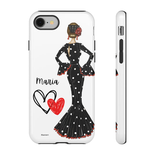 Funda de teléfono personalizable con nombre y bandera que presenta a María, la flamenca de vestido negro, perfecta para iPhone, Samsung y Google Pixel.