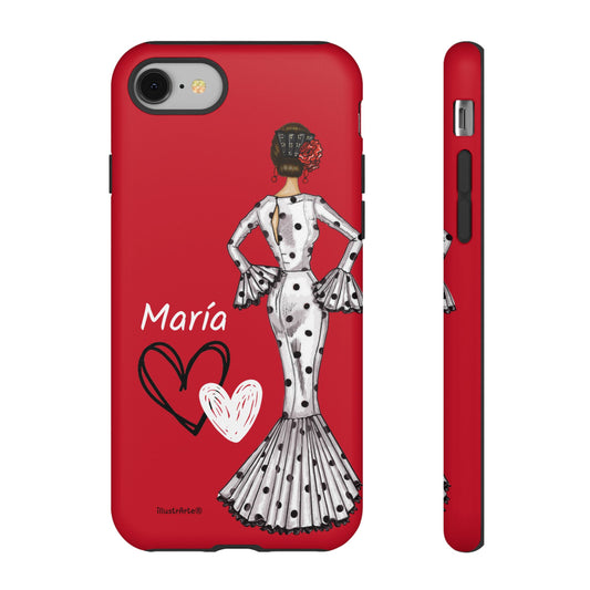 Vista lateral de la funda de teléfono personalizable Modelo María, mostrando el diseño con la Virgen en un elegante vestido.