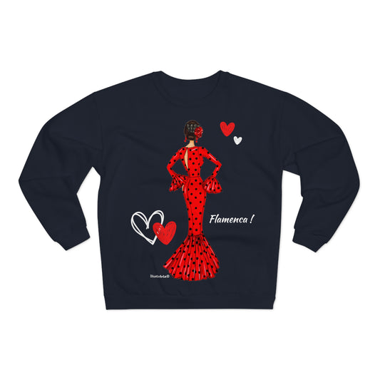 Sudadera Personalizable - Flamenca Maria rojo con pelo oscuro, fondo con corazones – Arte, color y comodidad en una sola prenda