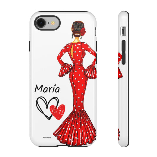 Funda de teléfono personalizable con nombre y bandera, modelo María vestido rojo, diseñada para iPhone, Samsung y Google Pixel.