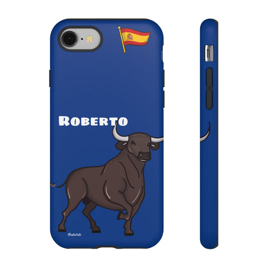 Vista lateral de la funda de teléfono personalizable con nombre/bandera/Virgen - Modelo Toro Roberto, resalta su protección de doble capa.
