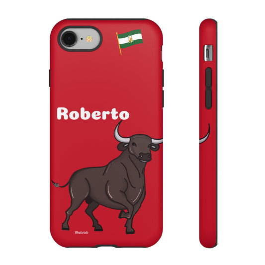 Funda de teléfono personalizable con nombre/bandera/Virgen - Modelo Toro Roberto sobre fondo rojo, mostrando su diseño elegante y resistente.