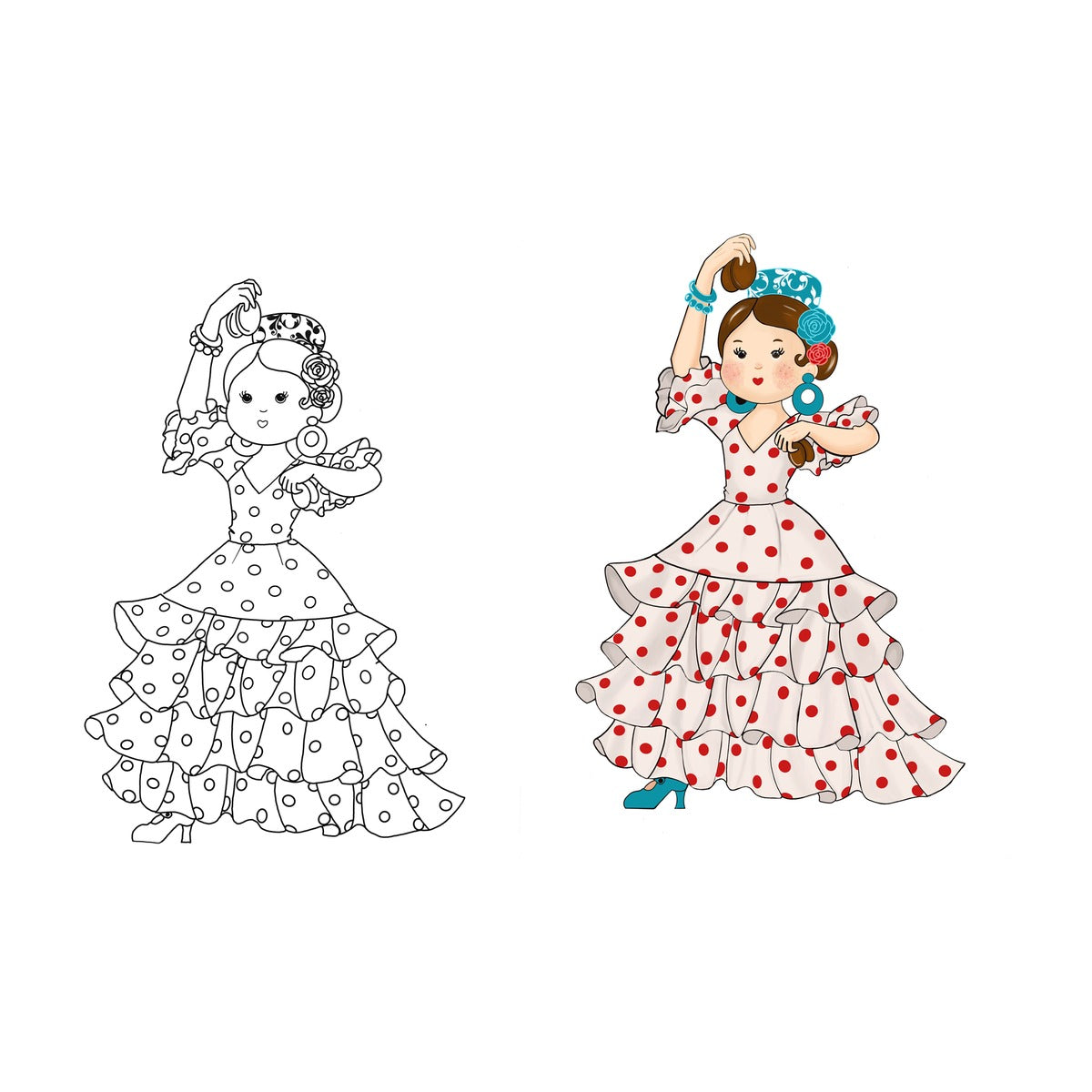 Del lápiz al color: la misma flamenca sin colorear y coloreada