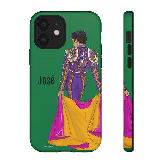 Vista del diseño de la funda personalizable Modelo Torero José con fondo verde, ideal para añadir tu nombre o frase inspiradora.