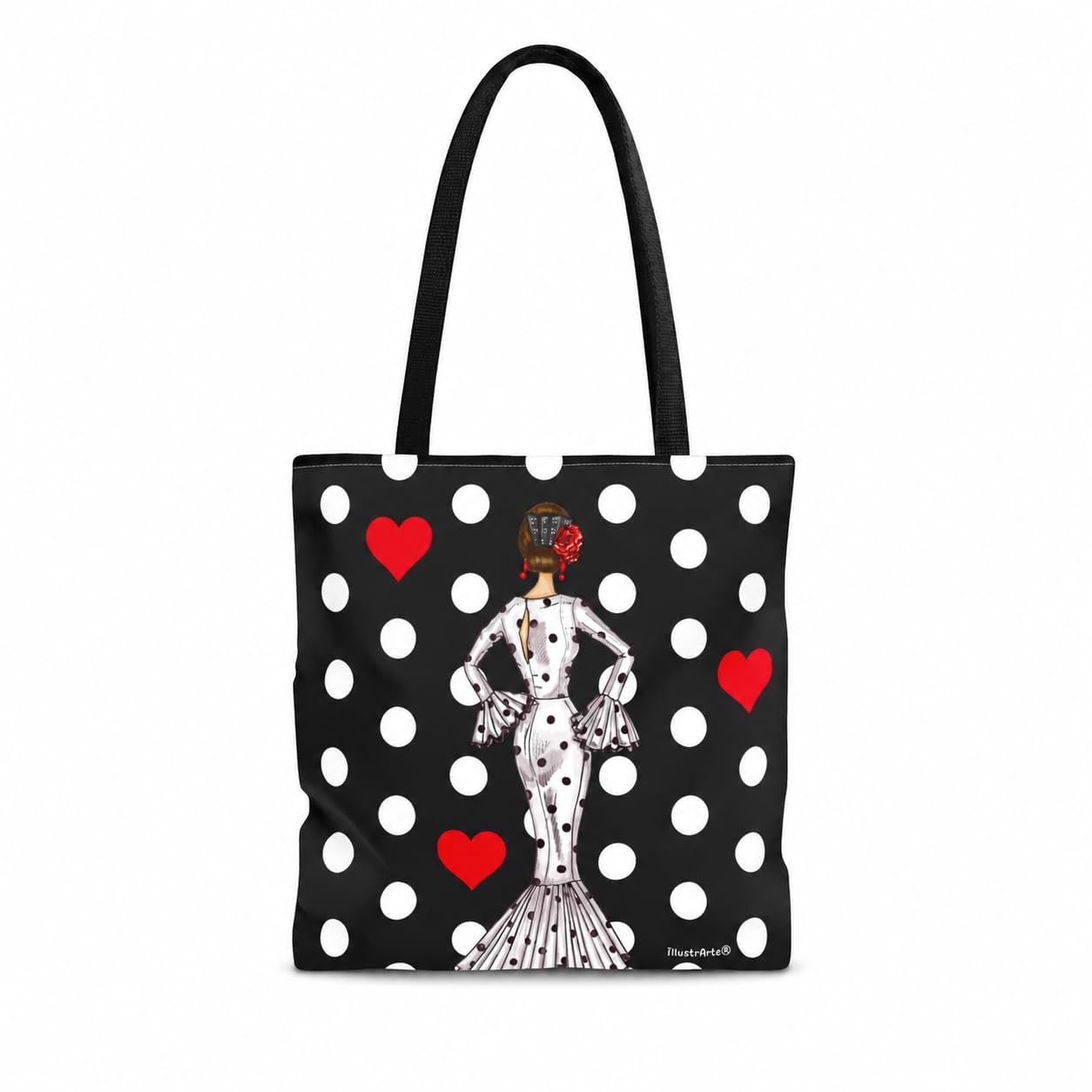 Bolsa tote Málaga flamenca María Blanco fondo negro con lunares 1
