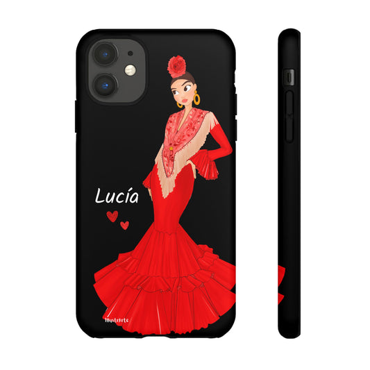 Perspectiva lateral de la funda de teléfono personalizable con nombre y bandera modelo Lucía, destacando su protección y estilo único para dispositivos móviles.