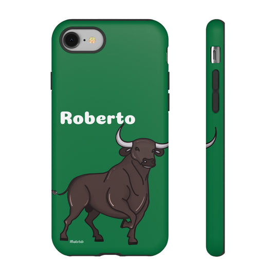 Funda de teléfono personalizable con diseño de matador español, estilo Toro Roberto, perfecta para personalizar con nombre.