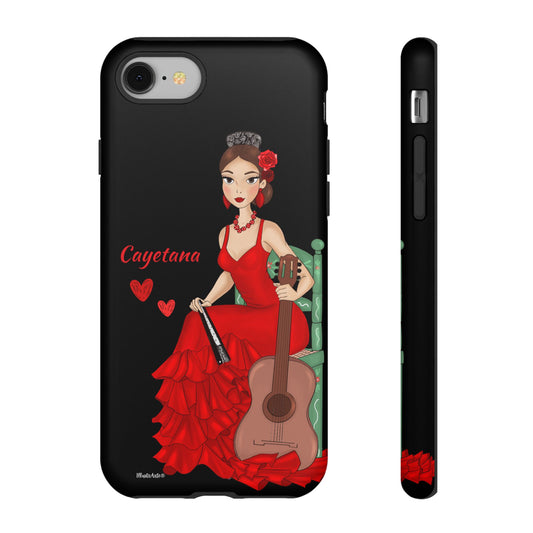 Vista lateral de la funda teléfono personalizable con diseño de flamenca Cayetana, para varios modelos de smartphone.