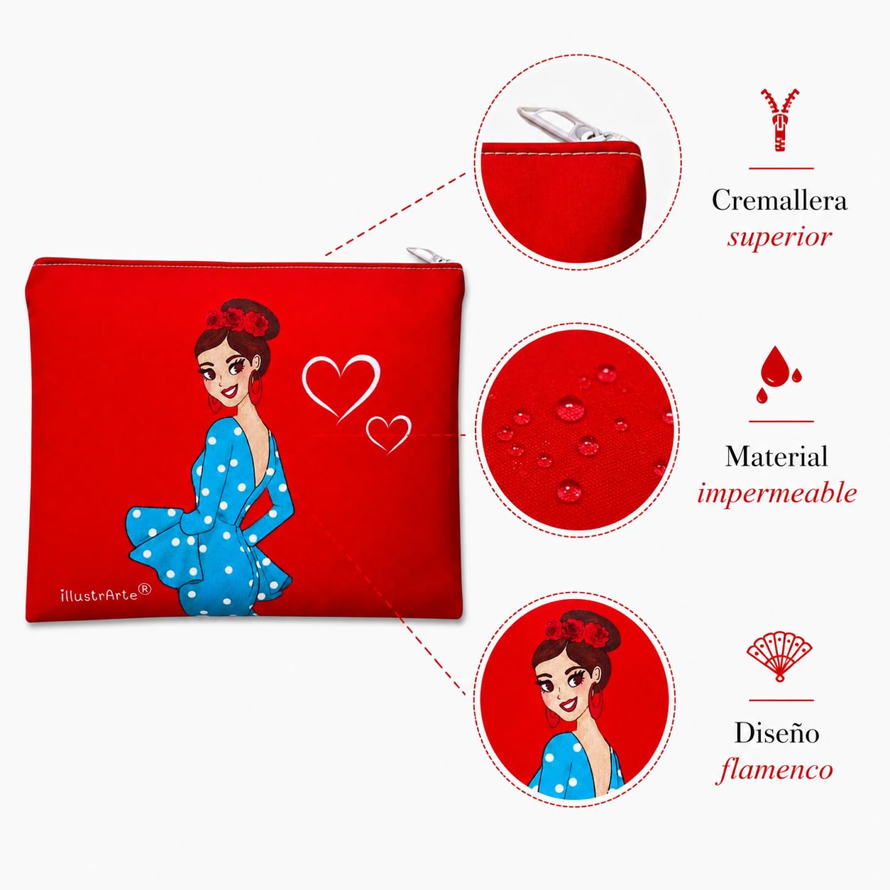 Neceser Granada illustrArte – Paquita, fondo rojo con corazones – vista 4 – imagen Amazon