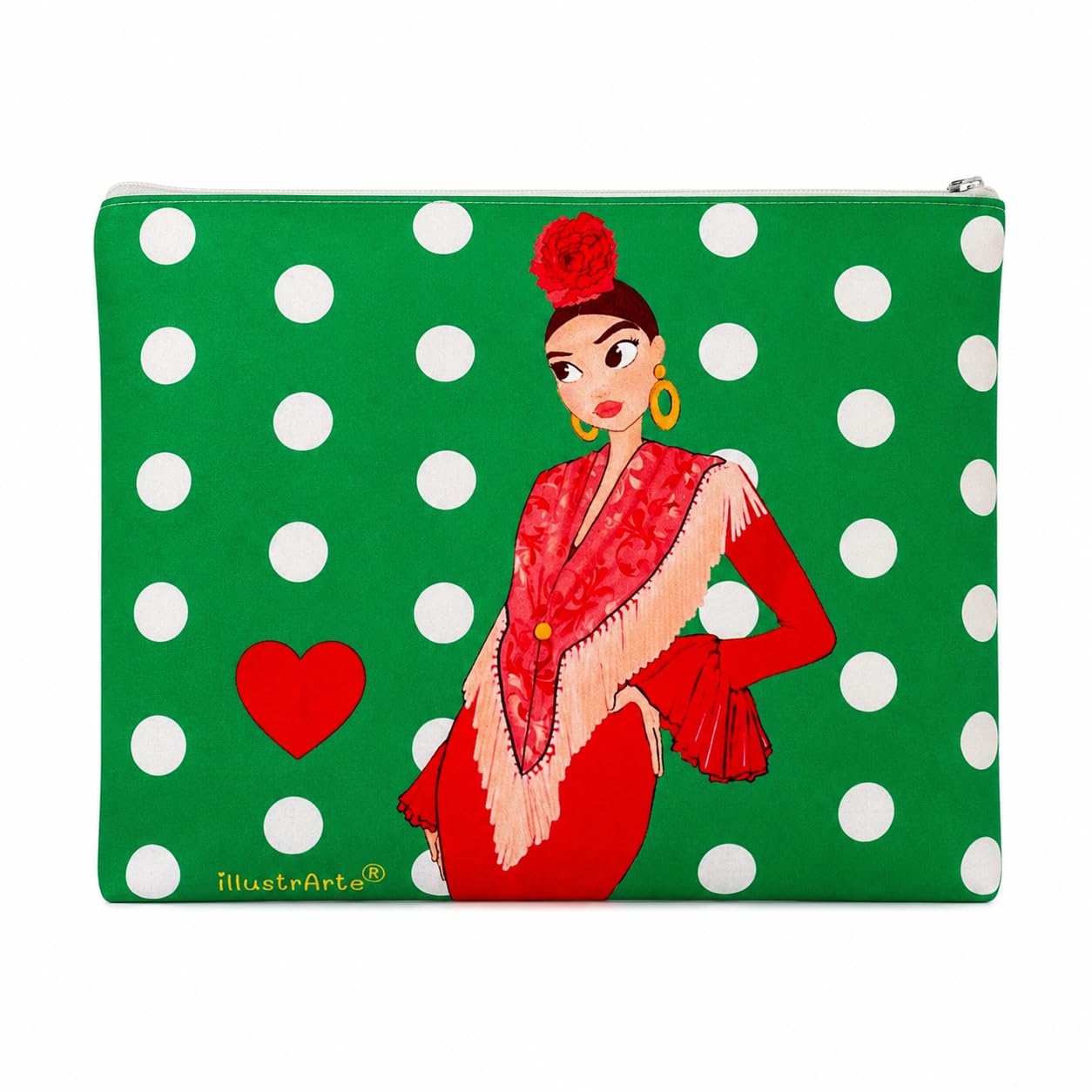 Neceser o estuche Granada illustrArte 22 x 17 cm – diseño Lucía, fondo blanco con lunares negros – imagen Amazon
