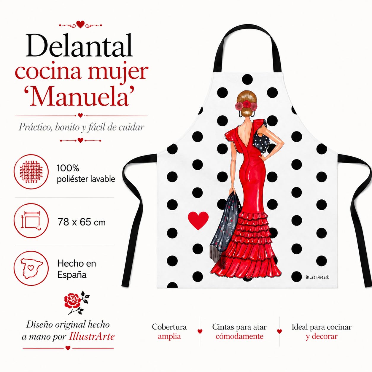 Delantal flamenca illustrArte – Manuela, fondo blanco con lunares – vista 3