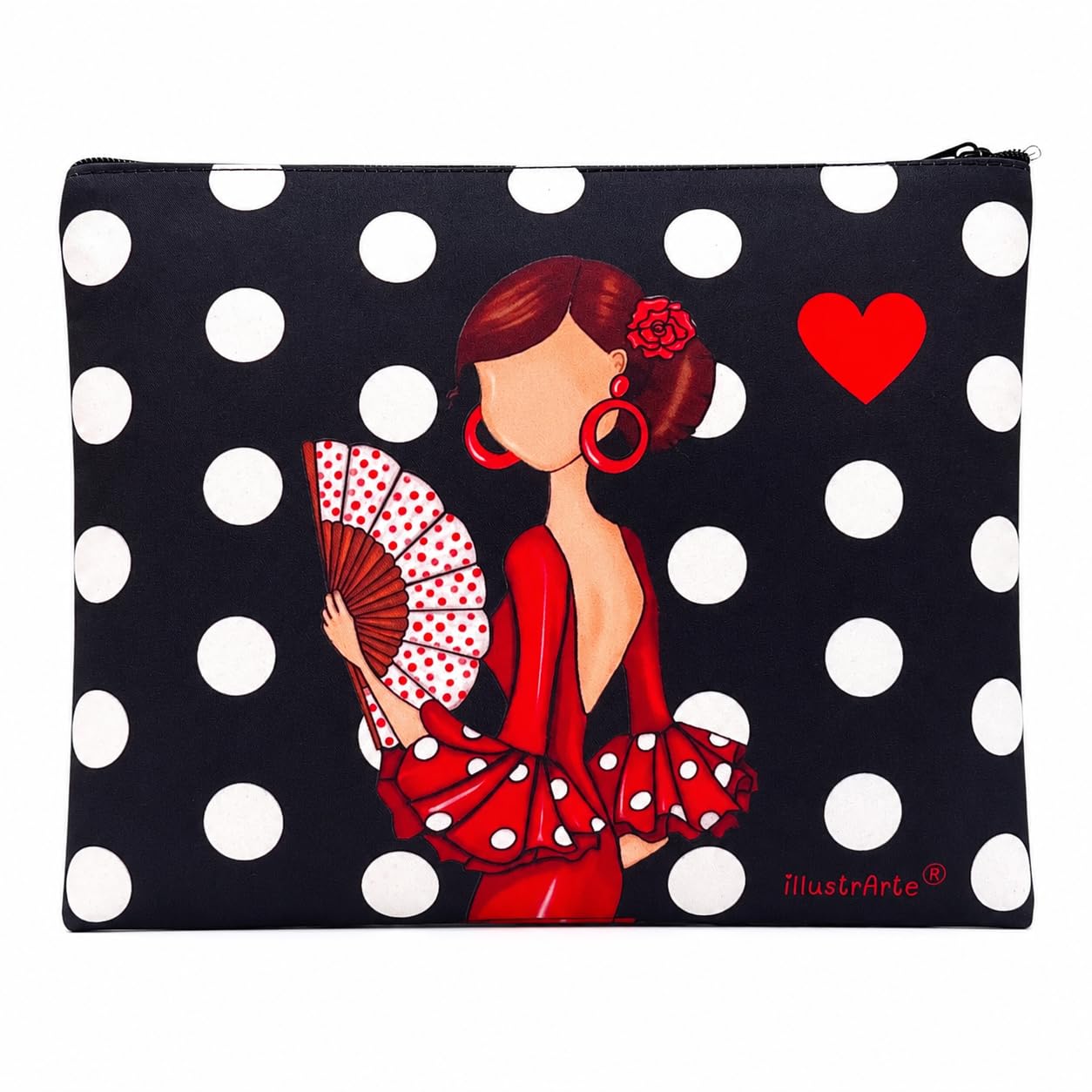 Neceser o estuche Granada illustrArte 22 x 17 cm – diseño Pepa, fondo negro con lunares blancos – imagen Amazon
