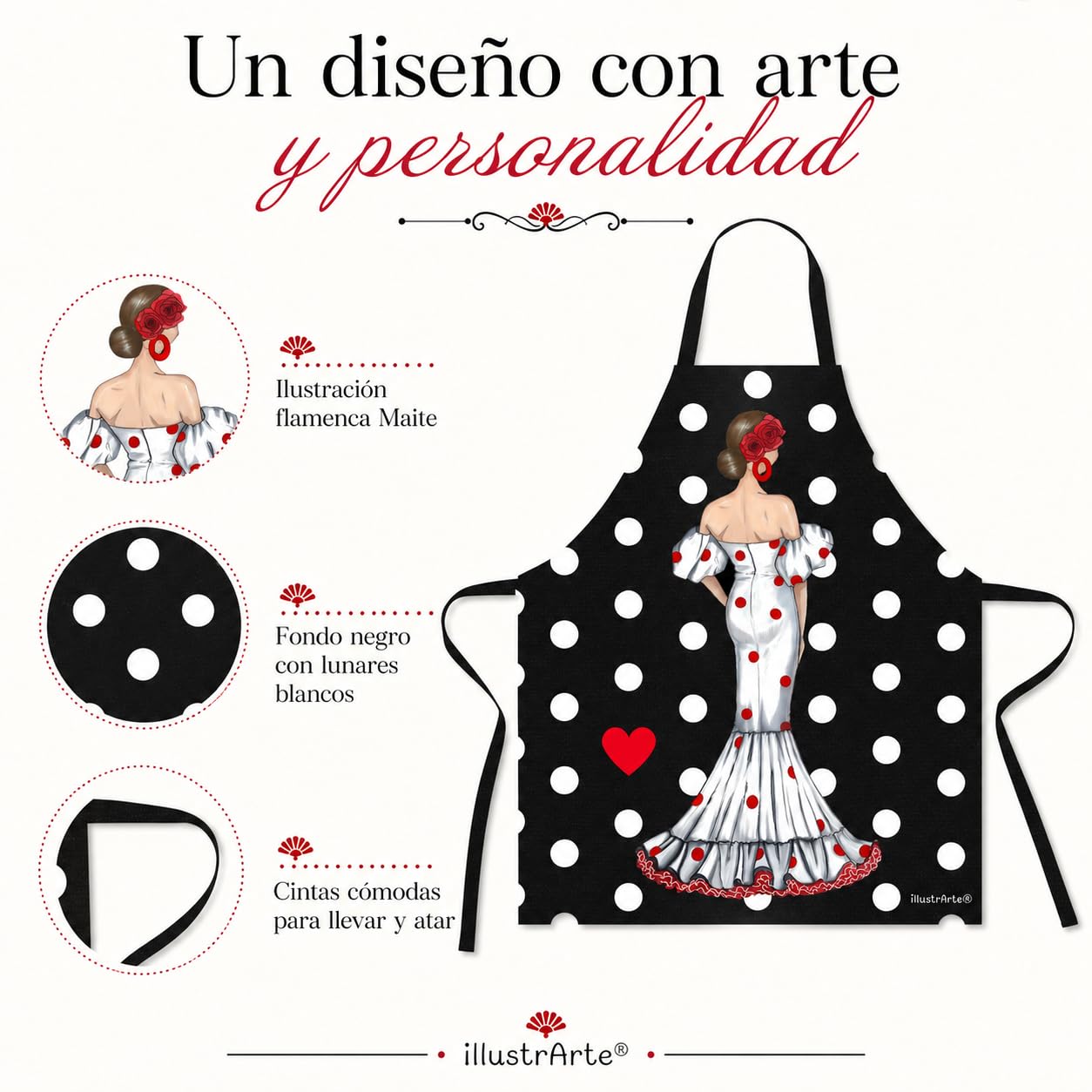 Delantal flamenca illustrArte – Maite, fondo negro con lunares – vista 3