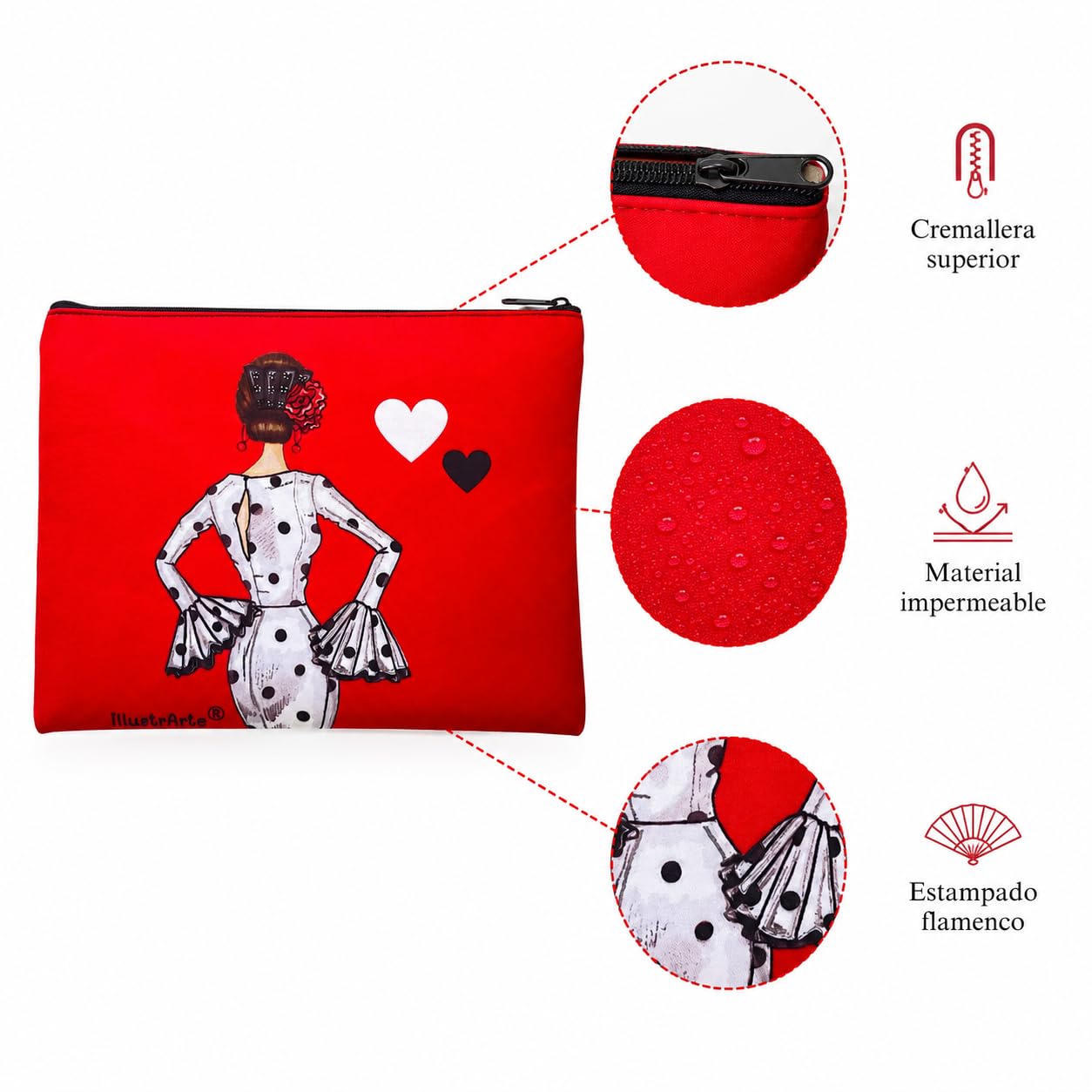 Neceser Granada illustrArte – María Blanco, fondo rojo con corazones – vista 4 – imagen Amazon