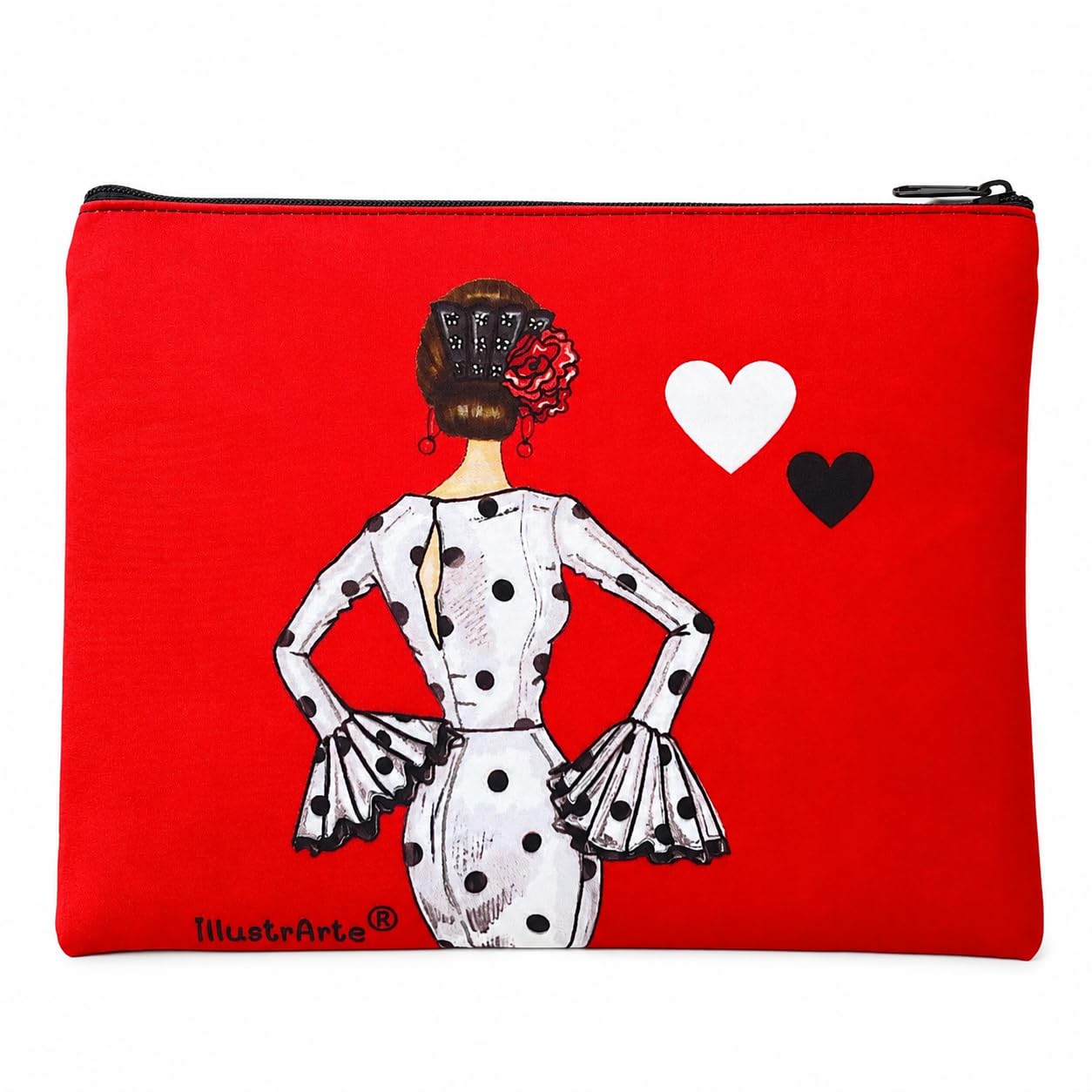 Neceser o estuche Granada illustrArte 22 x 17 cm – diseño María Blanco, fondo rojo con corazones – imagen Amazon