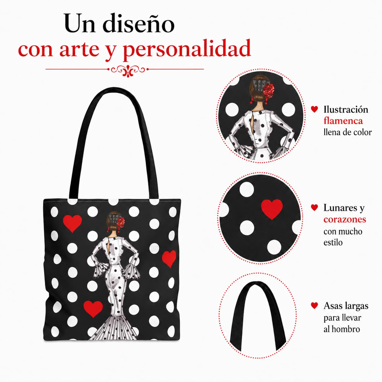 Bolsa tote Málaga flamenca María Blanco fondo negro con lunares 3
