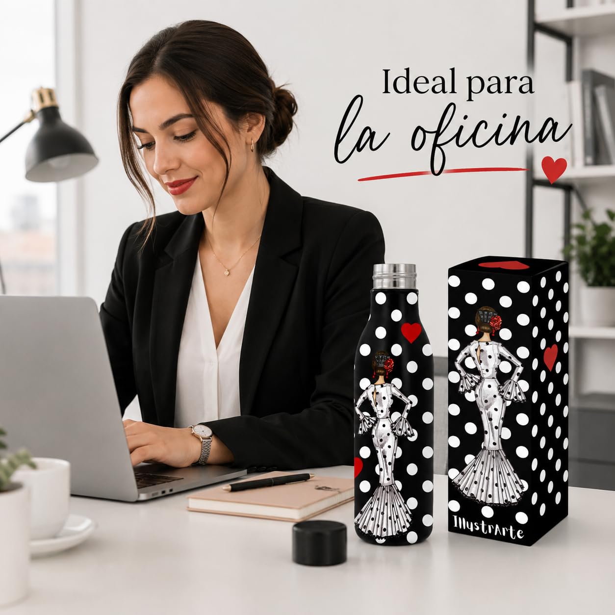 Botella térmica flamenca illustrArte 500 ml – diseño María Blanco, fondo negro – vista 5