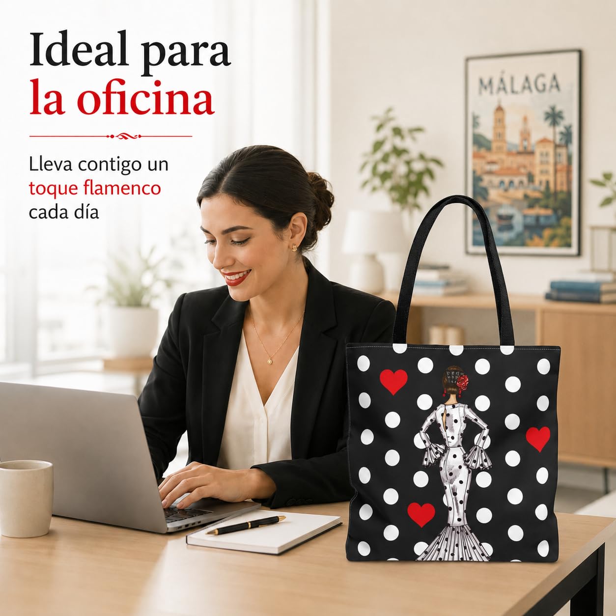 Bolsa tote Málaga flamenca María Blanco fondo negro con lunares 4