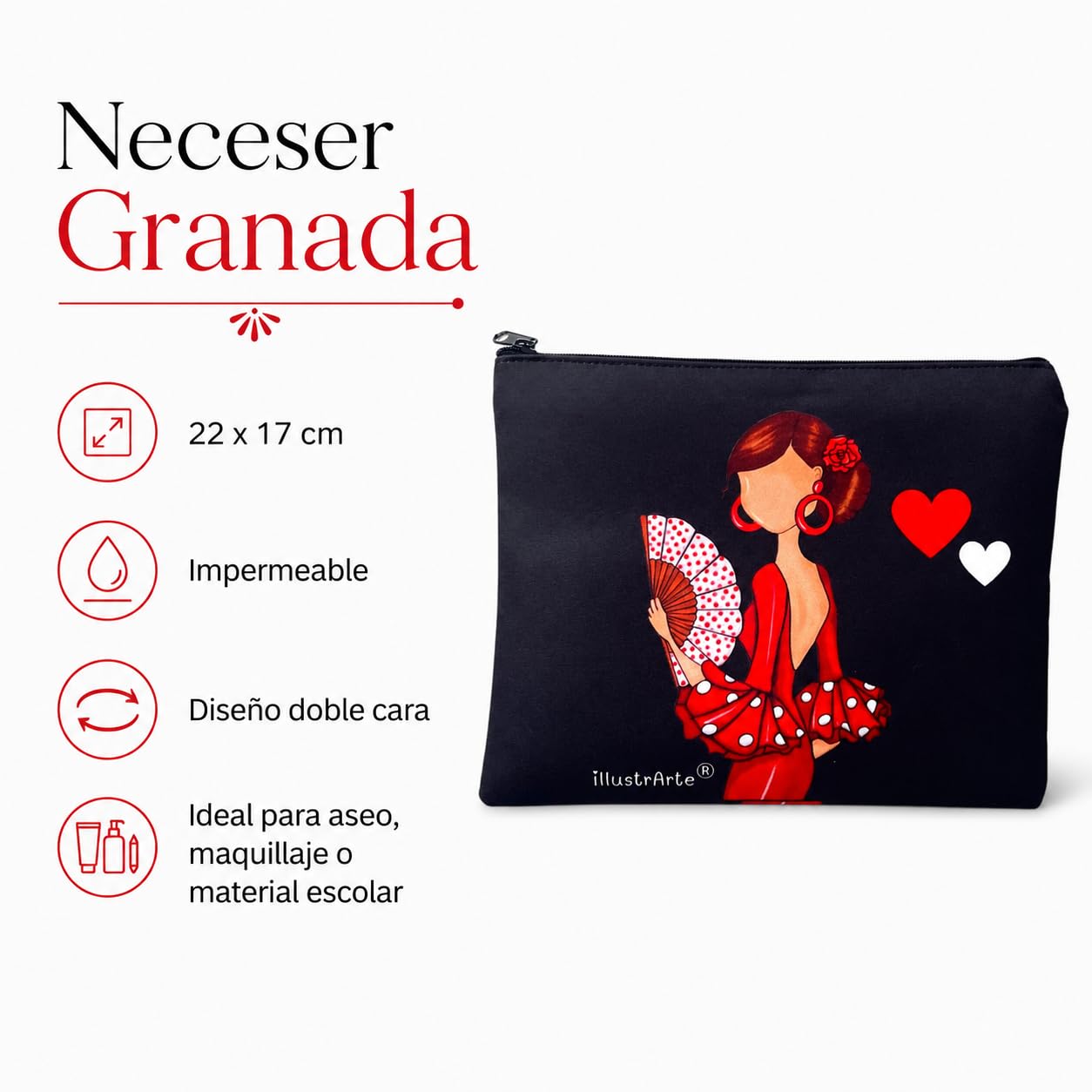 Neceser Granada illustrArte – Pepa, fondo negro con corazones – vista 2 – imagen Amazon