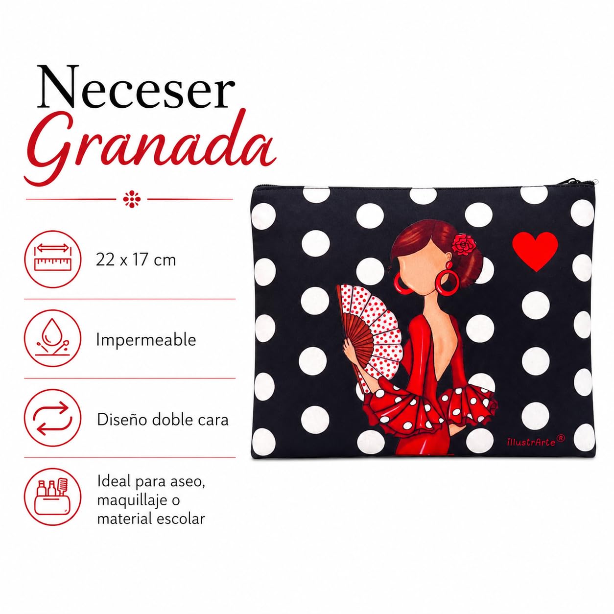 Neceser Granada illustrArte – Pepa, fondo negro con lunares – vista 2 – imagen Amazon
