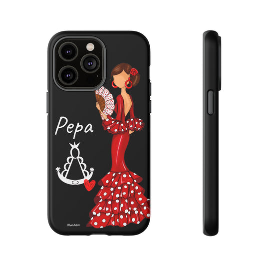Vista lateral de la funda de teléfono personalizable con nombre, bandera y Virgen - Modelo Pepa, resaltando su diseño elegante y resistente.