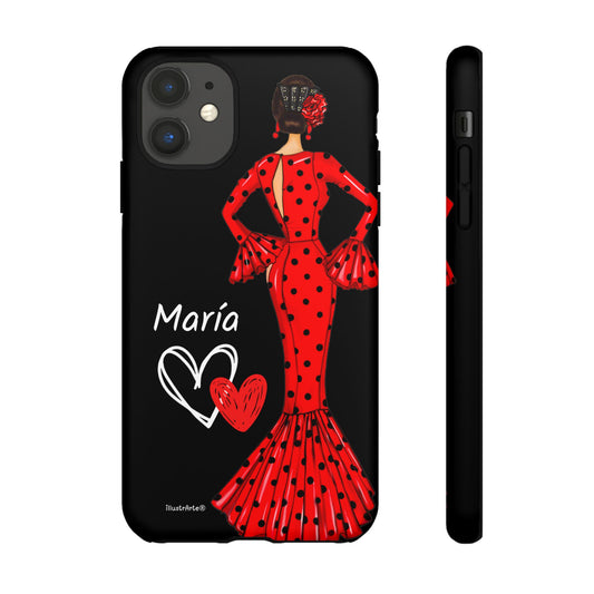 Customizable phone case with name/flag/Virgin - Red Maria model with dark hair, black background, For iPhone, Samsung and Google Pixel