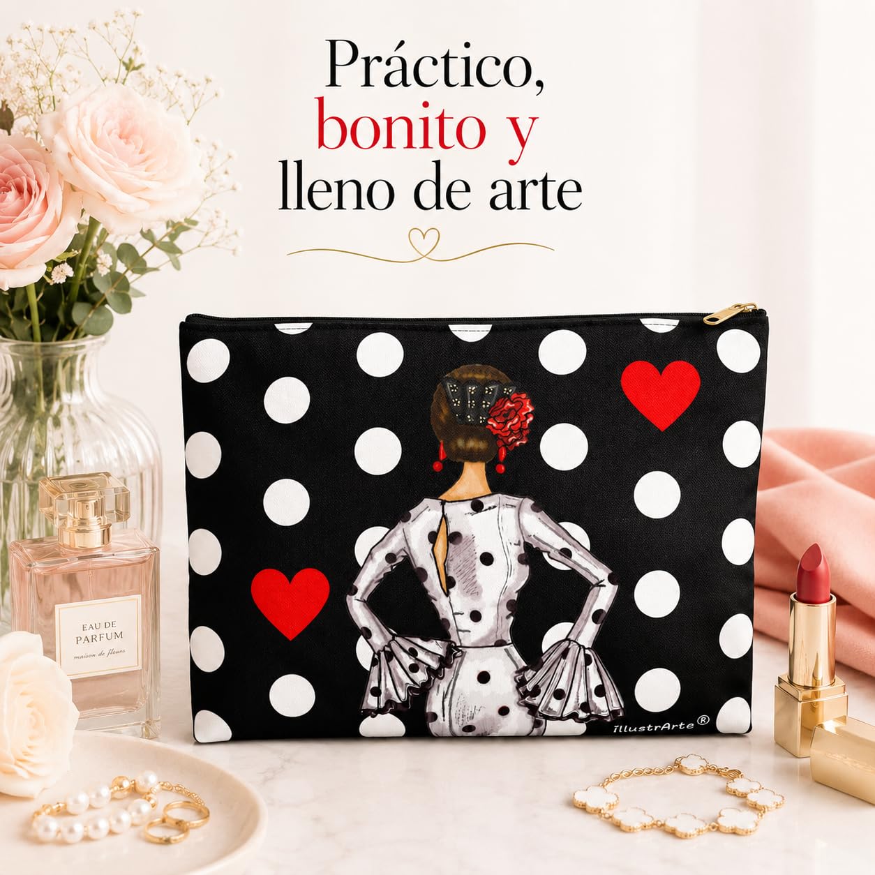 Neceser Granada illustrArte – María Blanco, fondo negro con lunares – vista 6 – imagen Amazon