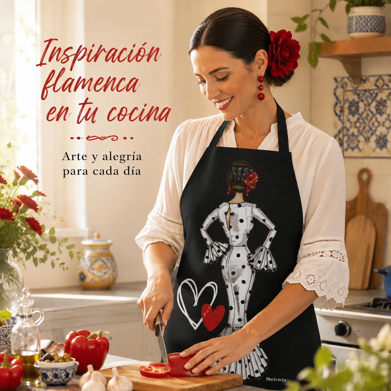Delantal flamenca illustrArte – María Blanco, fondo negro – vista 4