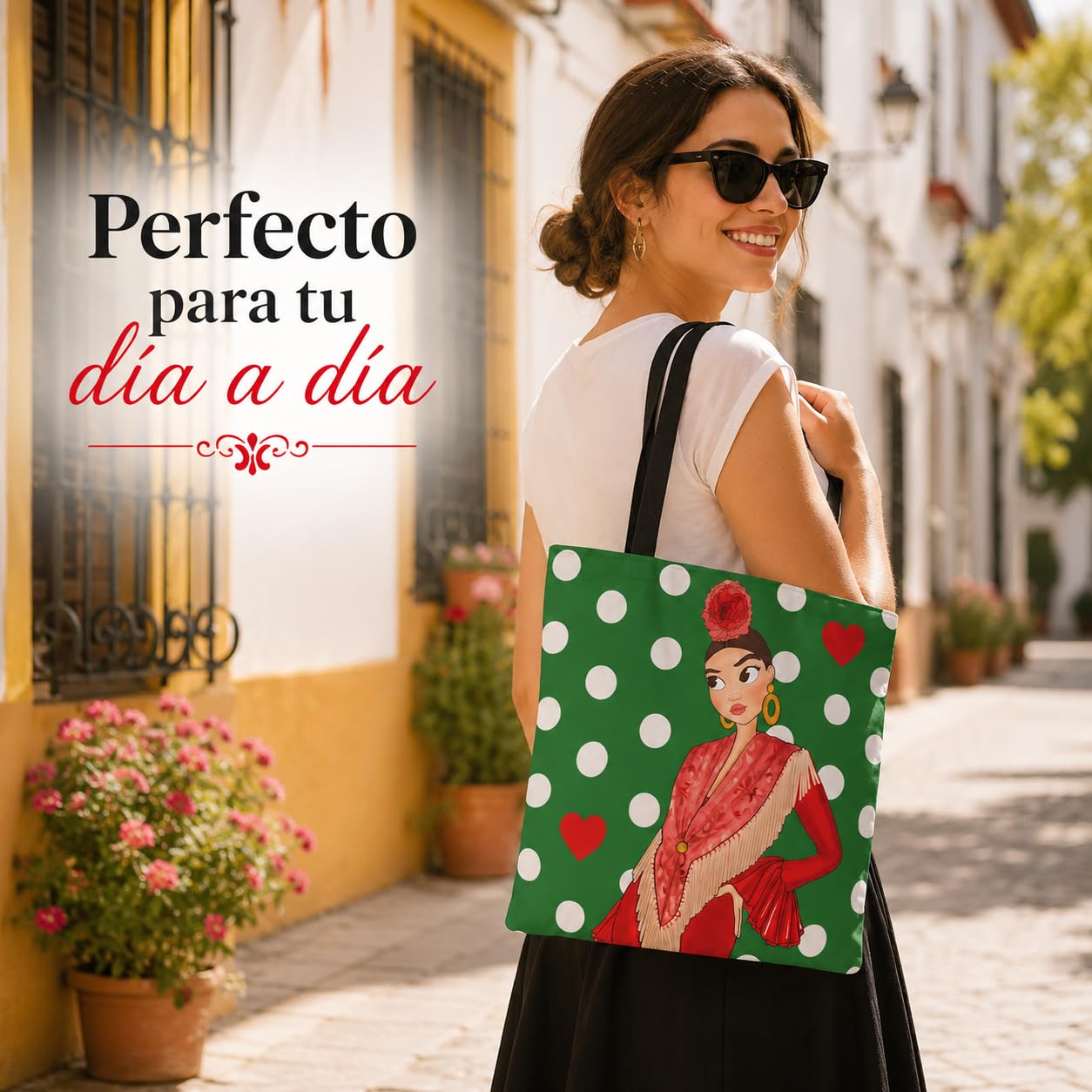 Bolsa tote Málaga flamenca Lucía verde con lunares 2