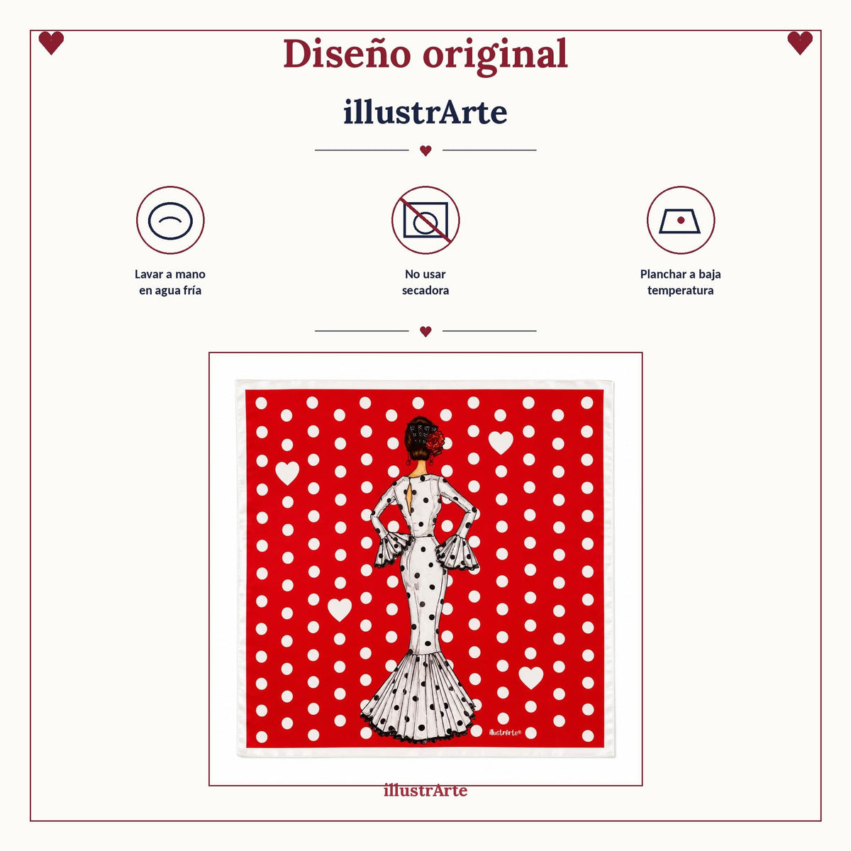 Pañuelo de seda flamenca illustrArte 66 x 66 cm – diseño María Blanco, fondo rojo – vista 8
