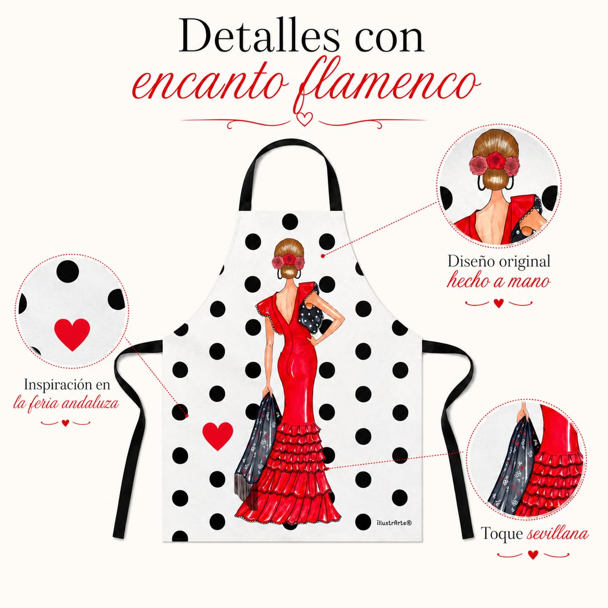 Delantal flamenca illustrArte – Manuela, fondo blanco con lunares – vista 8