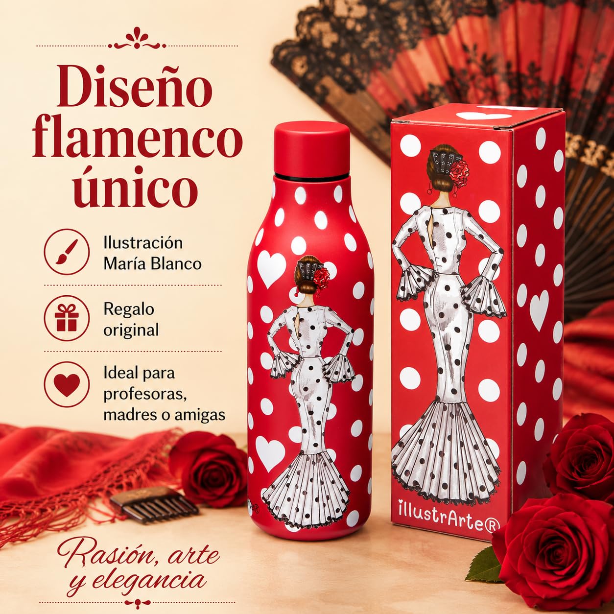 Botella térmica flamenca illustrArte 500 ml – diseño María Blanco, fondo rojo – vista 7