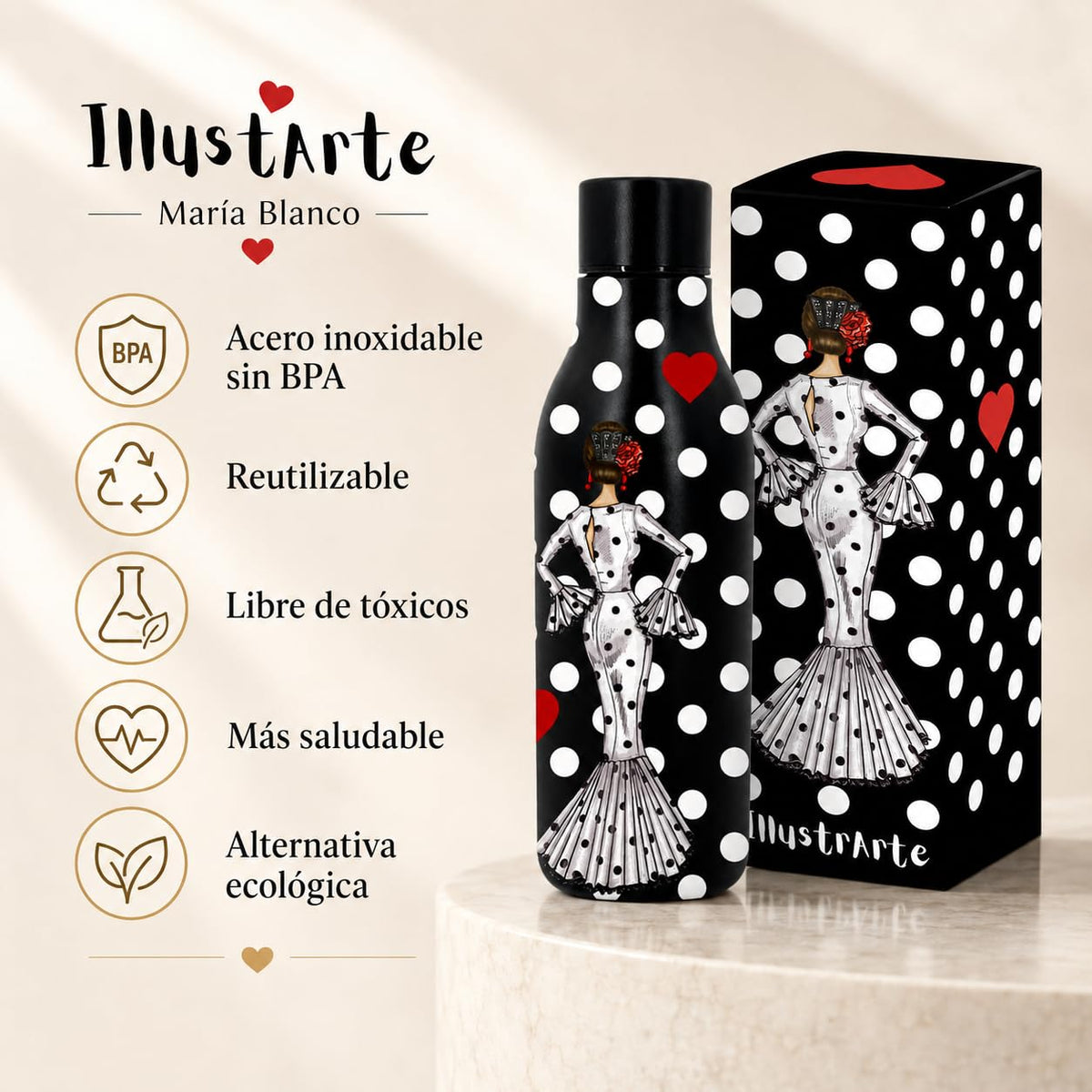 Botella térmica flamenca illustrArte 500 ml – diseño María Blanco, fondo negro – vista 4