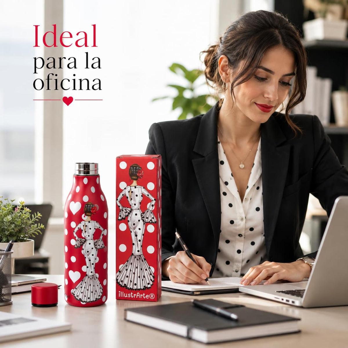 Botella térmica flamenca illustrArte 500 ml – diseño María Blanco, fondo rojo – vista 5