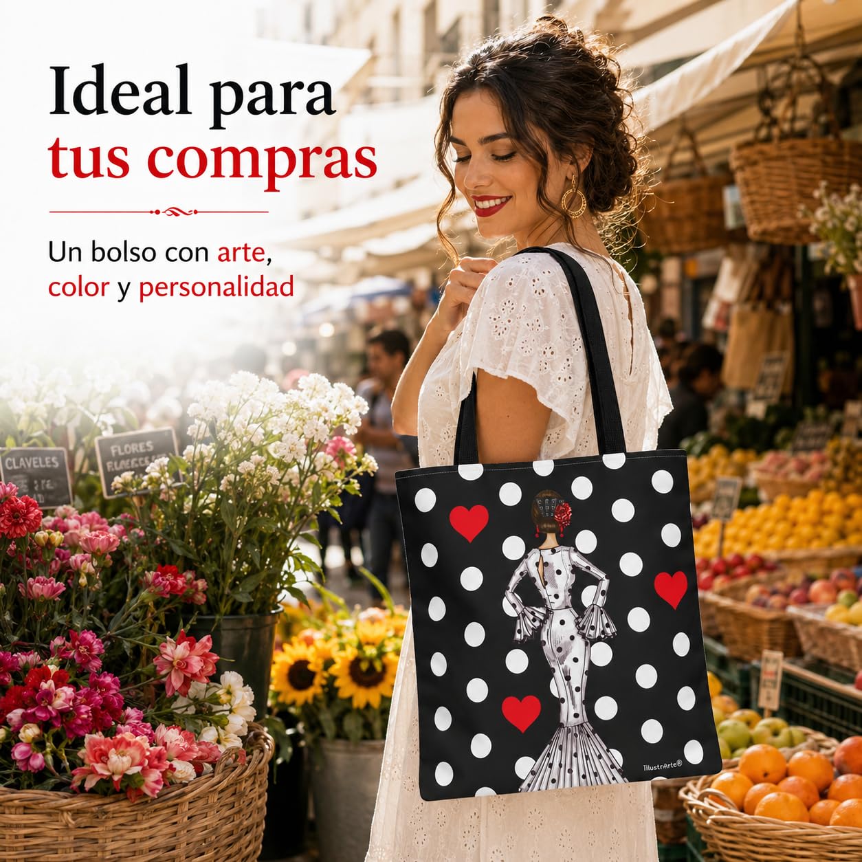 Bolsa tote Málaga flamenca María Blanco fondo negro con lunares 6