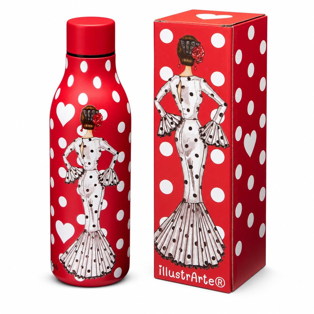 Botella térmica flamenca illustrArte 500 ml – diseño María Blanco, fondo rojo – botella con su caja de regalo