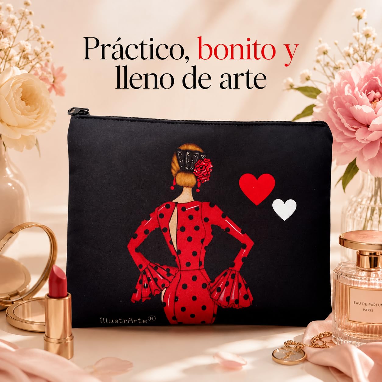 Neceser Granada illustrArte – María Rojo, fondo negro con corazones – vista 6 – imagen Amazon