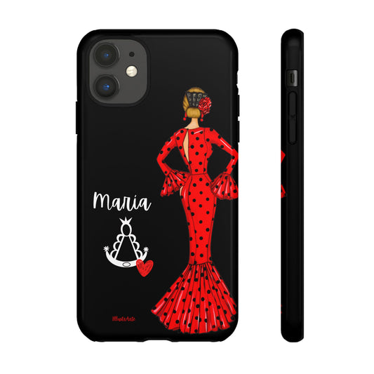 Funda de teléfono personalizable con nombre/bandera/Virgen - Modelo Maria rojo fondo negro con Virgencita, destacando su color vibrante y diseño elegante para iPhone, Samsung y Google Pixel.